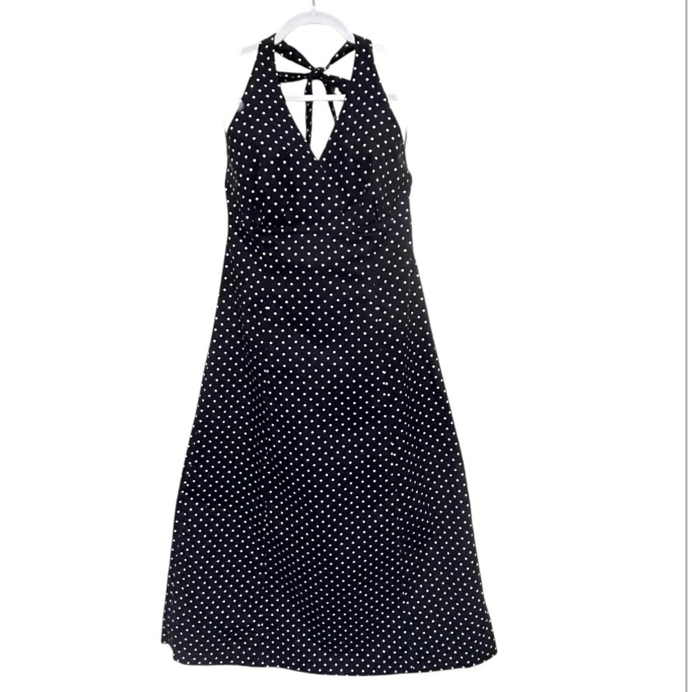 Lands' End Halter Maxi Dress Sundress Navy Polka Dot Empire Waist V-Neck Size 8